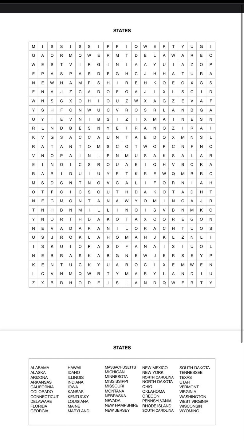 Word Search United States 50 States Printable Instant Download PDF - Etsy