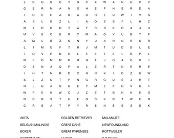 Word Search working dog breeds printable instant download PDF