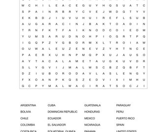 Spanish-speaking places/countries word search instant download printable PDF