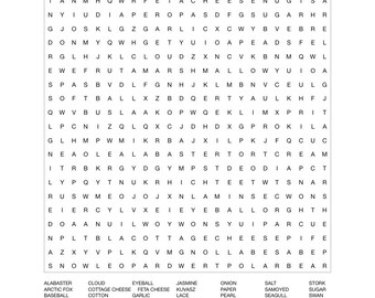 word search white things instant download printable PDF