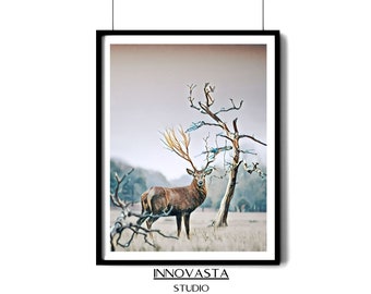 Hirsch Wandkunst,Hirsch Malerei Kunst,Hirsch Zeichnung,Hirsch Druck,WaldTier Druck,Herunterladbare Drucke,Poster,Nordisches Tier