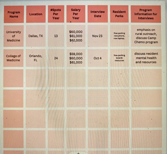 Residency Interview Spreadsheet Etsy