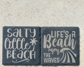 Beach Theme Slated Coasters - Engraved Slate Coasters, Custom Wedding Gift, Stone Coasters, Summer House Gifts for Couple, Custom Coasters