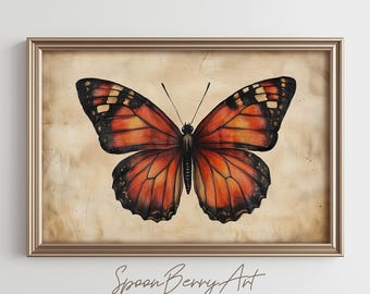 Pintura de mariposa monarca, impresión de pared vintage con un toque melancólico, decoración de pared de mariposa naranja, pintura de acuarela de mariposa, obra de arte digital imprimible