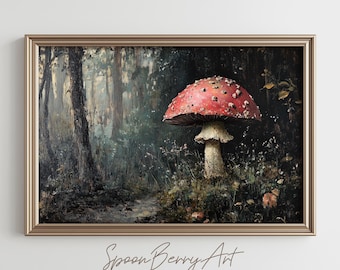 Mushroom Painting, Vintage Mushroom Wall Print, Toad Stool Print Wall Decor, Mushroom Wall Art, Moody Oil Painting, Printable Digital Art