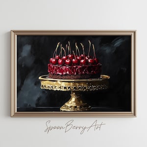 以下が含まれることがあります： チョコレートベースの濃い赤色のチェリーケーキで、光沢のある赤い釉薬と新鮮なチェリーがトッピングされています。ケーキは、複雑なディテールが施された金のケーキスタンドに飾られています。背景は、ほぼ黒に近い暗いキャンバスです。