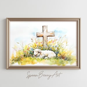Lamb at the Cross Painting, Vintage Wall Print, Christian Print Wall Decor, Religious Wall Art, Watercolor Painting, Printable Digital Art