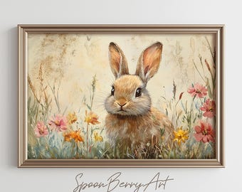 Könnte beinhalten: Ein Gemälde eines braunen Kaninchens, das auf einem Feld mit rosa und gelben Blumen sitzt. Der Hintergrund ist hellbeige mit einer Vintage-Textur.