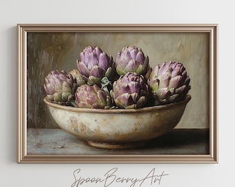 Artichoke Hearts Painting, Vintage Artichokes Wall Print, Artichoke Print Wall Decor, Dark Moody Kitchen Oil Painting, Printable Digital Art