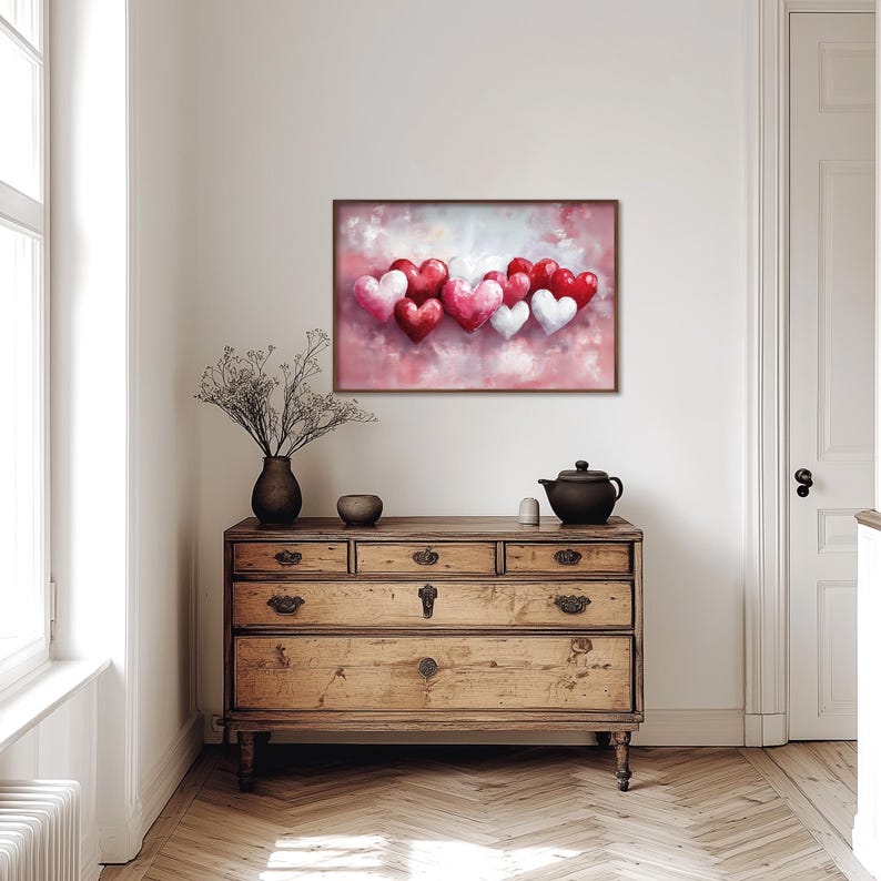 Heart Painting, Vintage Heart Wall Print, Red Hearts Print Wall Decor ...