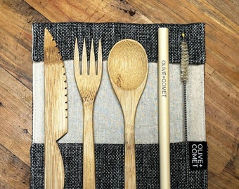 The Sarita bamboo flatware set. Sustainable, plastic-free & handmade. Crafted from natural local bamboo and organic cotton / jute.