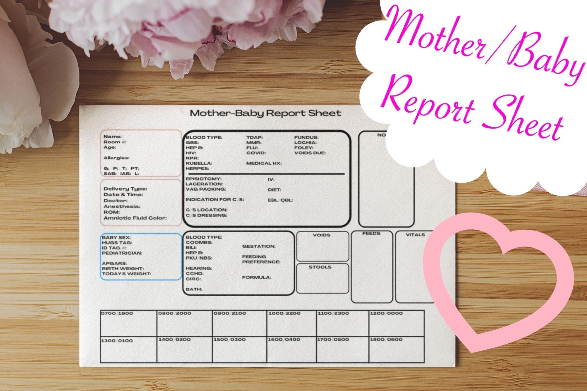 Postpartum Mother-baby Nurse Report Sheet, Nurse Brain, Digital