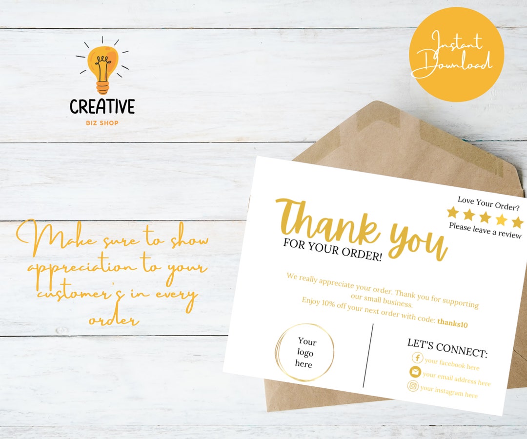 Gold Thank You Card Template Printable Small Business Thank - Etsy