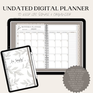 Pode incluir: Um aplicativo de planejador digital na tela de um tablet com uma visualização de calendário mensal. O calendário está em um esquema de cores cinza claro com um design floral. O aplicativo também inclui uma seção de notas e uma lista de recursos, incluindo mais de 500 páginas, mais de 20.000 hiperlinks, planos mensais, planos semanais, planos diários, planos de refeições, planos financeiros, metas anuais, afirmações, blocos de notas e muito mais.