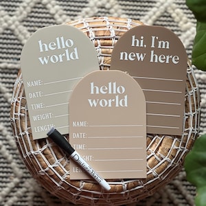 Hello World Baby Stat Sign | Marker Included | Acrylic Birth Announcement | Hello World Sign | Newborn Photo Prop | Baby Birth Announcement