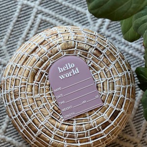 May include: A mauve-colored birth announcement tag with the words "hello world" in white. The tag includes spaces to write the baby's name, date, time, weight (lbs), and length (oz). The tag is on a woven basket.