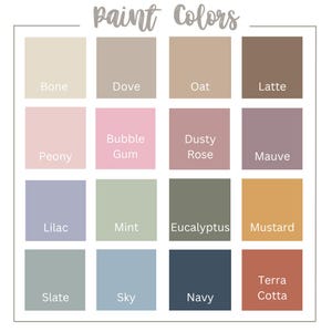 May include: A color palette chart featuring 16 paint swatches in various shades. The colors include Bone, Dove, Oat, Latte, Peony, Bubble Gum, Dusty Rose, Mauve, Lilac, Mint, Eucalyptus, Mustard, Slate, Sky, Navy, and Terra Cotta.