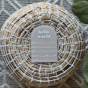 May include: A gray baby announcement plaque with the words "hello world" in white script. The plaque has spaces for name, date, time, weight (lbs, oz), and length. The plaque is set on a woven basket.