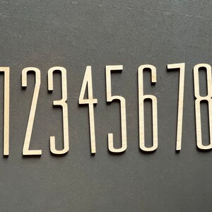 Puede incluir: Diez n&uacute;meros de madera, del 0 al 9, de color marr&oacute;n claro. Los n&uacute;meros est&aacute;n en una fuente sans-serif y tienen un borde ligeramente elevado.