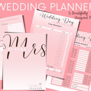 May include: A pink and white wedding planner with the text "Wedding Day Checklist" and "Wedding Day Budget Planner". The planner includes sections for tasks, budget, and venue comparison.