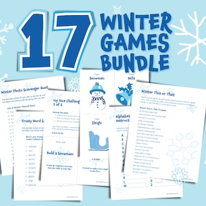 May include: A bundle of 17 winter games printed on white paper, featuring a blue and white color scheme. The text includes "Winter Games Bundle", "Winter Photo Scavenger Hunt", and "Build a Snowman". Snowflakes decorate the background.