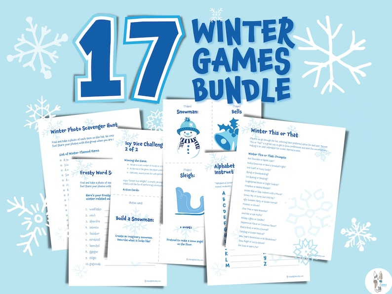 May include: A bundle of 17 winter games printed on white paper, featuring a blue and white color scheme. The text includes "Winter Games Bundle", "Winter Photo Scavenger Hunt", and "Build a Snowman". Snowflakes decorate the background.