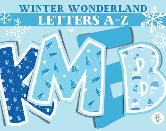 May include: Blue and white winter wonderland themed alphabet letters K, M, and B. The letters are decorated with snowflakes, mugs, and pine trees.