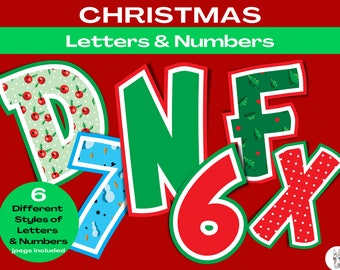 May include: Six different styles of Christmas letters and numbers in various colors and patterns, including red, green, blue, and white. The letters are D, N, F, 6, and X. The text "CHRISTMAS Letters & Numbers" is at the top of the image.