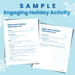 May include: Two white sheets of paper with the text "Winter Word Formation: Instructions 1 of 2" and "Winter Word Formation: Instructions 2 of 2" on a light blue background. The top of the image reads "SAMPLE Engaging Holiday Activity". Snowflake graphics are in the background.