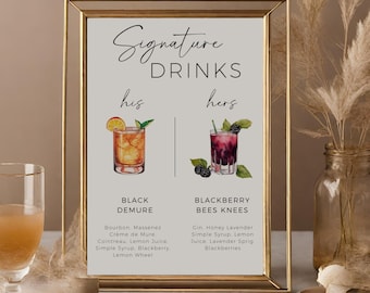 Färgglad signaturdrinkskylt, hans och hennes drinkar, utskrivbar cocktailmeny, redigerbar Canva-mall, direktnedladdning