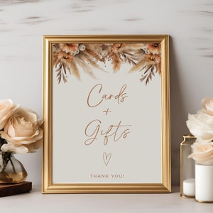 Tarjetas florales de otoño y letrero de regalos, plantilla editable, signo de compromiso boho imprimible, totalmente editable en Canva, tema de boda de otoño boho