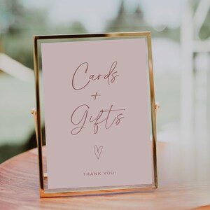 Blush roze bord kaarten en cadeaus, bewerkbare sjabloon, afdrukbare bewegwijzering boho-huwelijk, volledig bewerkbaar in canvas, stoffige roos bruiloftsthema