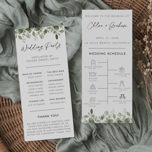 Może przedstawiać: Zaproszenie ślubne z zielonym wzorem liści. Zaproszenie jest na ślub Chloe i Grahama 21 kwietnia 2028 roku w La Jolla Beach w Kalifornii. Zaproszenie zawiera harmonogram ślubu z godzinami ceremonii, zdjęć, obiadu, przyjęcia, koktajli i toastów oraz pożegnania.