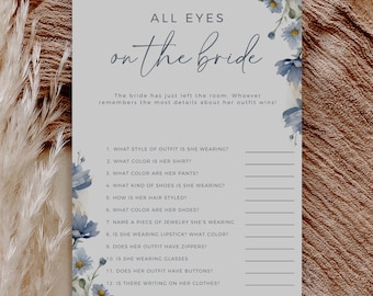 Dusty Blue Floral All Eyes On The Bride, Printable Bridal Shower Game, Fully Editable Template, Instant Download, Edit In Canva