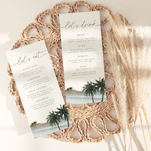 Cartes de menu de mariage modifiables, modèle imprimable sur toile, menu dîner et boissons palmier tropical, menu plage estival bohème, mangeons et buvons