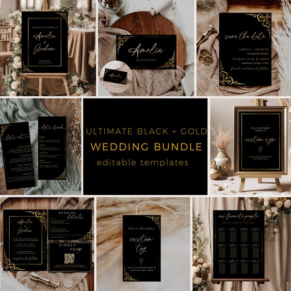 Black And Gold Wedding Sign Bundle, Gothic Printable Stationery, Wedding Invitation Suite Template, Reception Decor, Editable In Canva