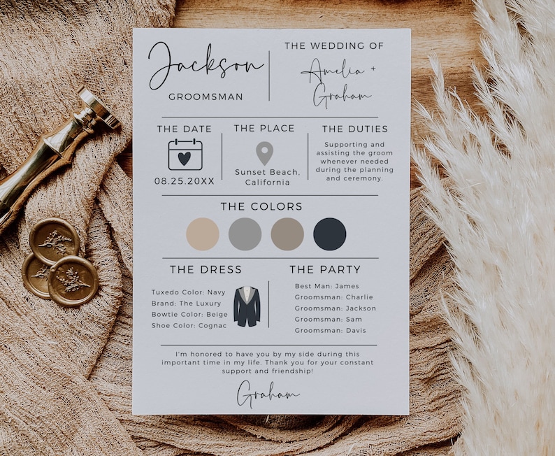 Groomsmen Info Card Template, Best Man Info Card, Groomsmen Infographic Card, Groomsmen Proposal Card, Modern Wedding Party Info Card image 3