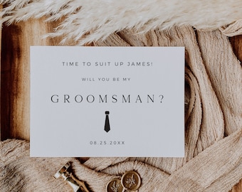 Groomsman Proposal Card, It's Time To Suit Up, Minimalist Best Man Proposal Card Template, Will You Be My Groomsman Card, Instant Download