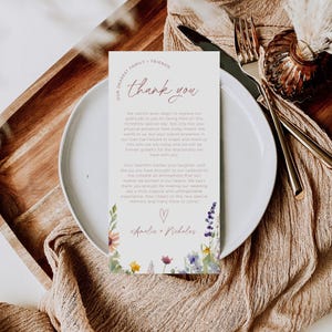 Wildblumen Danke Tischkarten, Blumen Hochzeitsmenü Kartenvorlage, Printable Danke, Hochzeit Serviette Hinweis, Frühling Gedeck Hinweis
