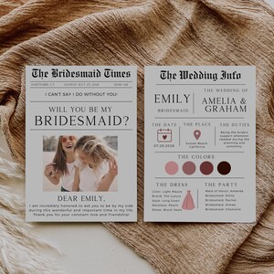 Newspaper Bridesmaid Proposal Template, Bridesmaid Info Card, Will You Be My Bridesmaid, Maid Of Honor Proposal, Bridesmaid Itinerary