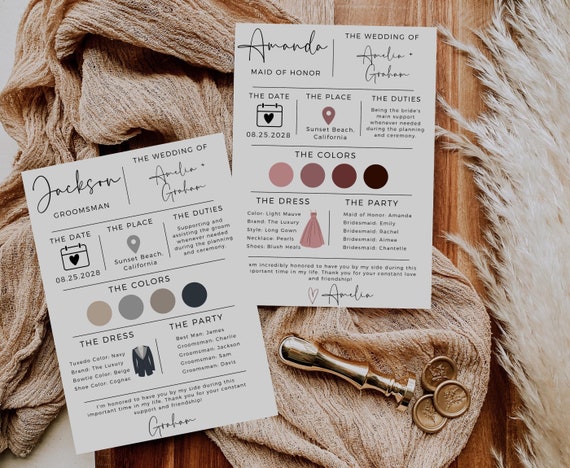 Bridal Party Info Card, Bridesmaid Info Card Template, Groomsmen Info Card, Maid Of Honor Infographic, Minimalist Wedding Party Info Card