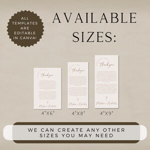 May include: A set of three printable thank you cards in different sizes: 4x6 inches, 4x8 inches, and 4x9 inches. The cards feature a simple design with a handwritten "thank you" message, a heart, and the names "Madison & Nicholas". The text "All templates are editable in Canva!" is in a circle at the top left of the image. The text "Available Sizes" is in a large font at the top center of the image. The text "We can create any other sizes you may need" is at the bottom center of the image.