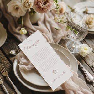 Marques de table de remerciement fleurs sauvages minimalistes, modèle de carte de menu de mariage floral modifiable, note de serviette de mariage, note de cadre printanier