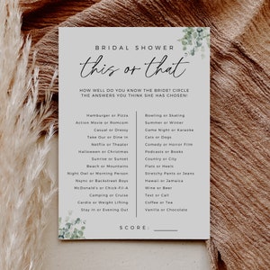 Greenery This Or That Game, Would She Rather, Printable Bridal Shower Game, Fully Editable Template, Modern Minimalist, Instant Download image 1