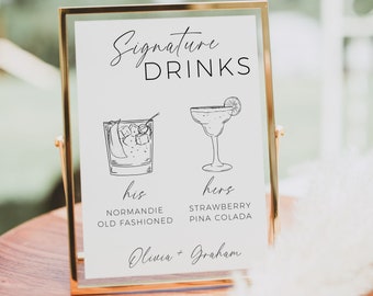 Signature Drink Sign, His And Hers Drinks, Printable Signature Cocktails Sign, Editable Signature Drink Menu, Wedding Bar Sign Template