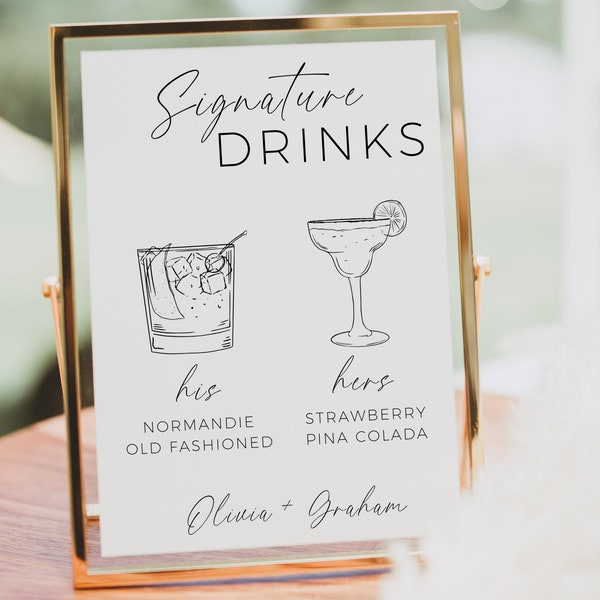 Signo de bebida exclusivo, bebidas para él y para ella, letrero de cócteles exclusivos imprimible, menú de bebidas exclusivo editable, plantilla de letrero de bar de bodas