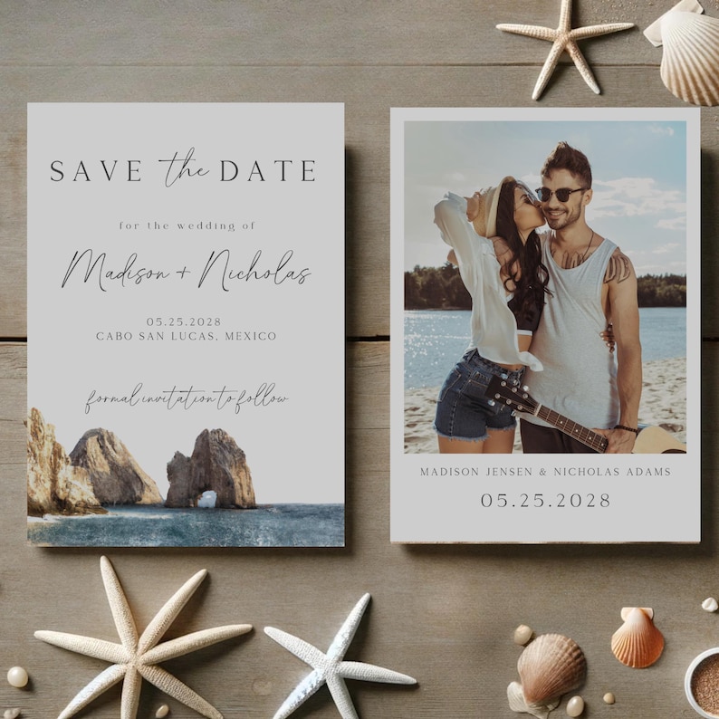 May include: Save the Date wedding announcement with a photo of a couple on a beach in Cabo San Lucas, Mexico. The announcement includes the couple's names, Madison and Nicholas, and the wedding date, May 25, 2028.