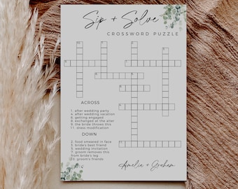 Greenery Bridal Shower Sip And Solve Printable Bridal Shower Game, Wedding Crossword Puzzle, Modern Minimalist, Fully Editable Template