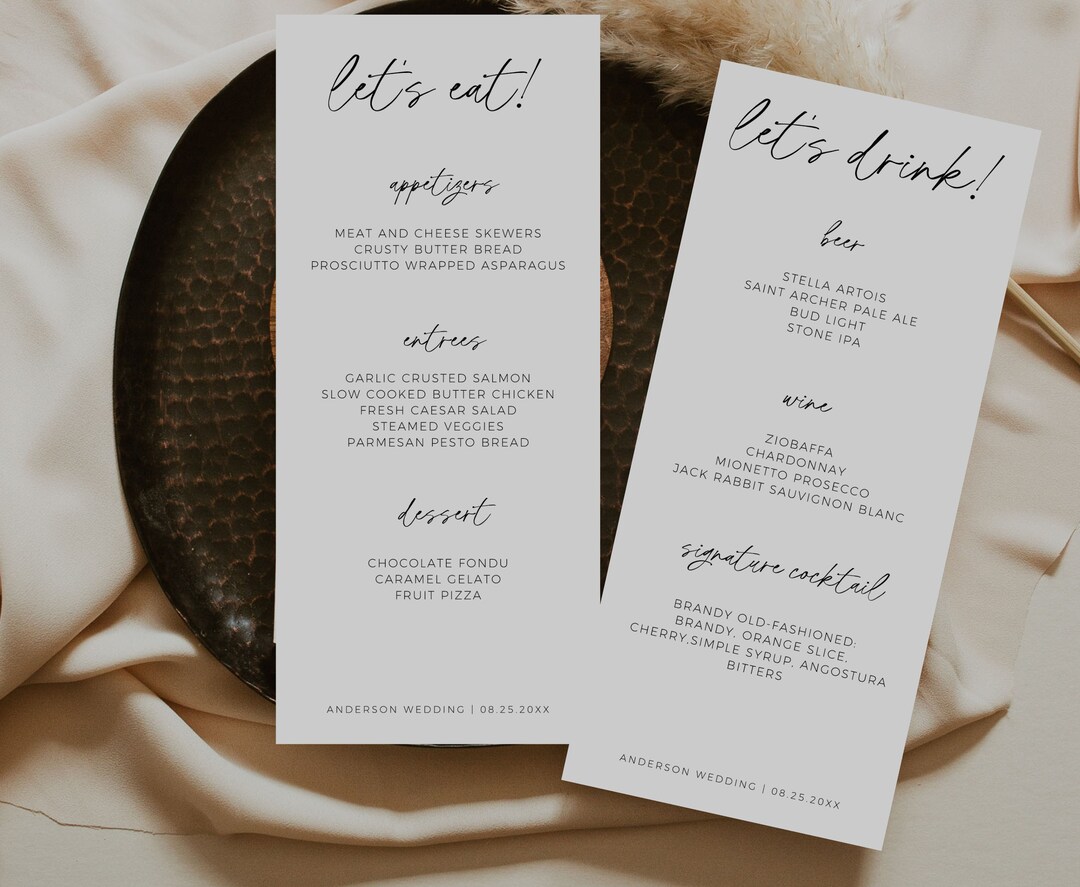 Wedding Menu Template Printable Wedding Bar and Dinner Menu Etsy