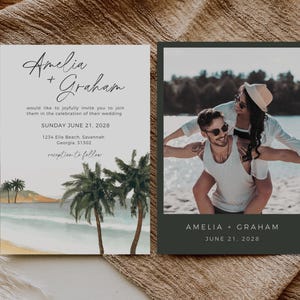 Palme Tropische Hochzeitseinladungsvorlage, Strandhochzeit Einladen mit Foto, Hochzeit am Urlaubsort, Hochzeit am Reisethema, In Canva bearbeiten